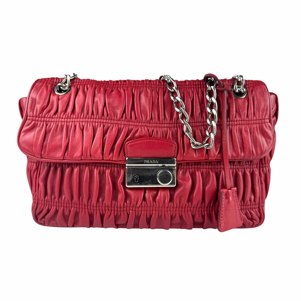 Prada Nappa Gaufre shoulder bag red ruched leather Red Silver